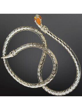 Vintage 60s Whiting & Davis Gold Mesh Snake Necklace Belt Amber Rhinestone 35"